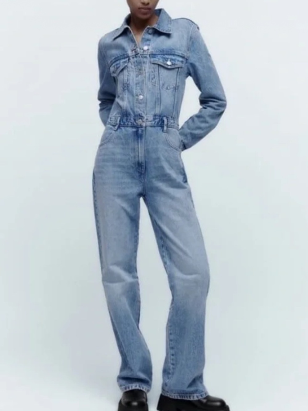 Zara long sleeve denim jumpsuit